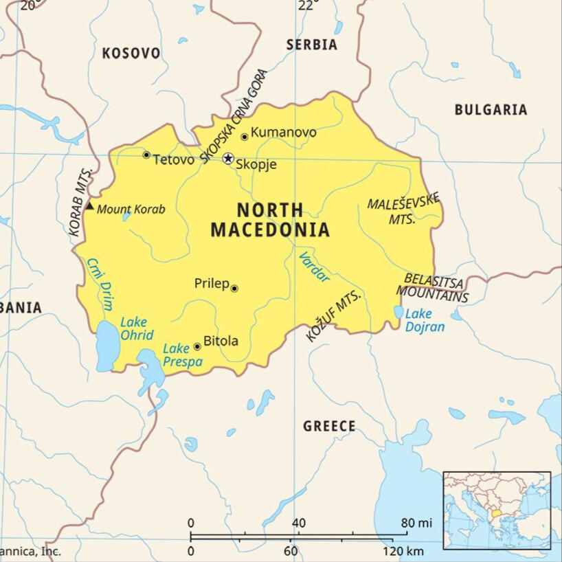 Map of North Macedonia showing Skopje, Tetovo, Bitola, Lake Ohrid and neighbouring countries